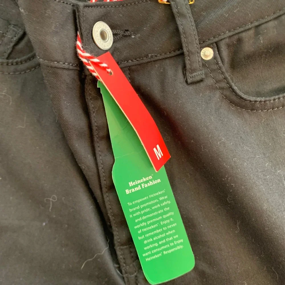 Heineken Brand Fashion Black Skinny Jeans Green Logo Star Mens Size M NWT